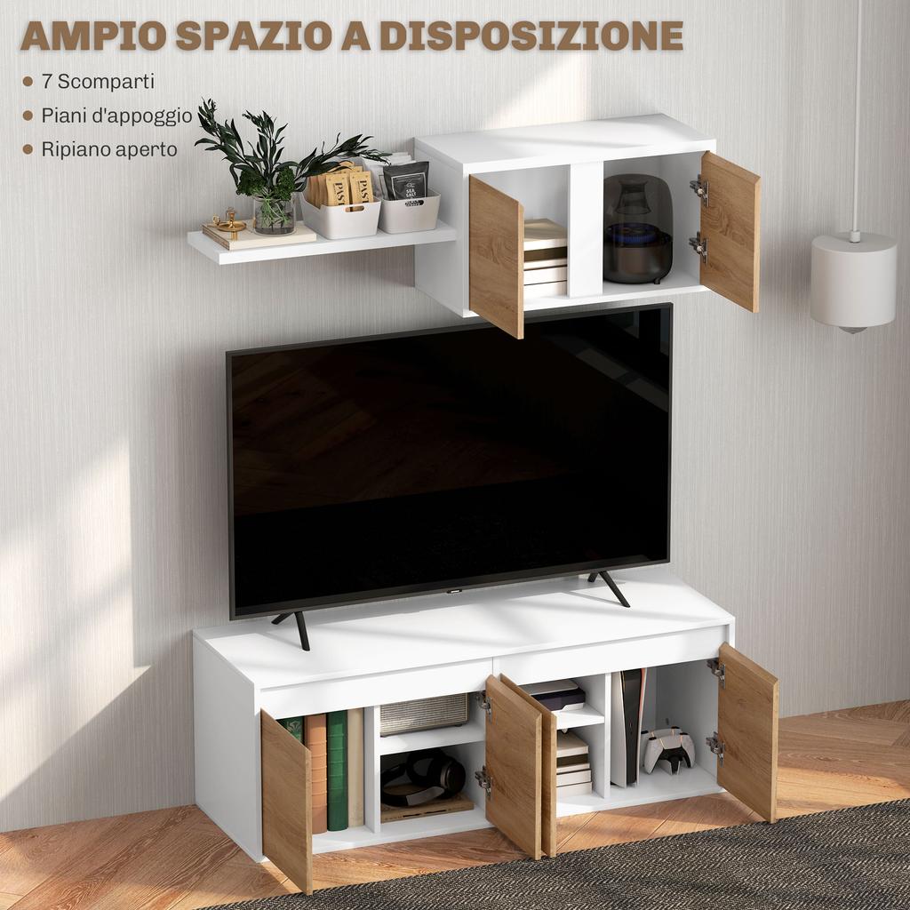 TV Cabinet and Wall Cabinet Set with 7 Shelves and Open Shelf, in Wood, 120x41x43.3 cm, White and Wood Color