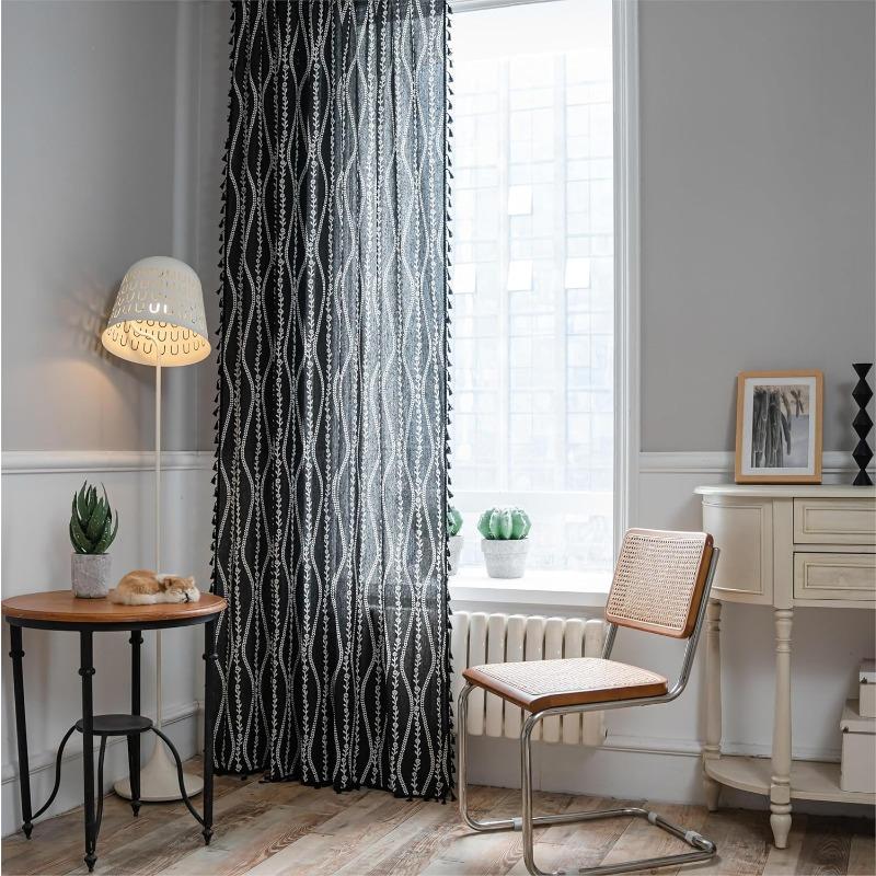 Pruhované Květinové Boho Závěsy do Ložnice Obývacího Pokoje, Bohémské Vintage Střapce Okenní Dekorace Závěs pro Domácí Dekorace Kapsa na Tyč, 1ks