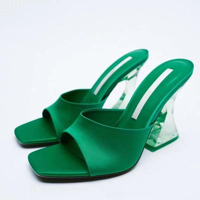 Summer New Transparent Sole High Heels Design Sense Square Head Sandals Fashion Temperament Cool Slippers