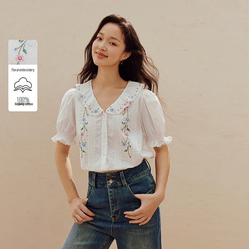 INMAN Women s French Doll Collar Embroidered Puff Sleeve Blouse S