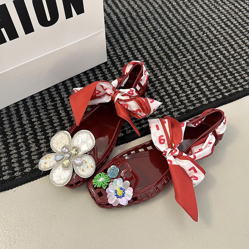Crystal Shoes Transparent Jelly Bag Head Sandals Women's Spring and Summer Outer Wear Thin Bottom Square Head Flower with Diamond Retro Evening Shoes