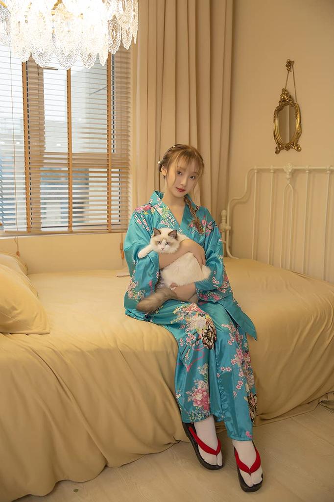 Joel Kimono Robe Dress Floral Pattern Courtesan Costume Satin Yukata Long Length Bathrobe Pajamas Night Dress Summer Festival Dancewear with Belt