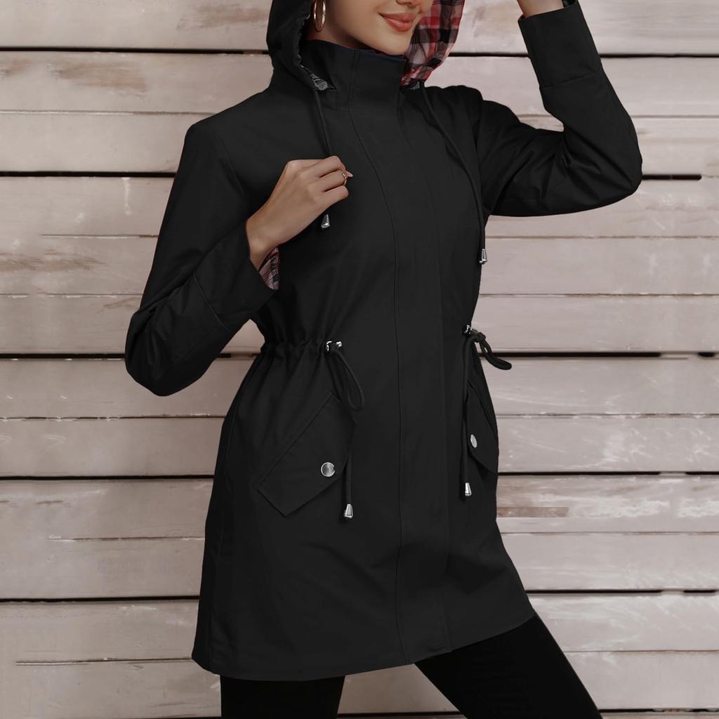 Women Solid Stripe Rain Jacket Outdoor Plus Waterproof Hooded Raincoat Windproof