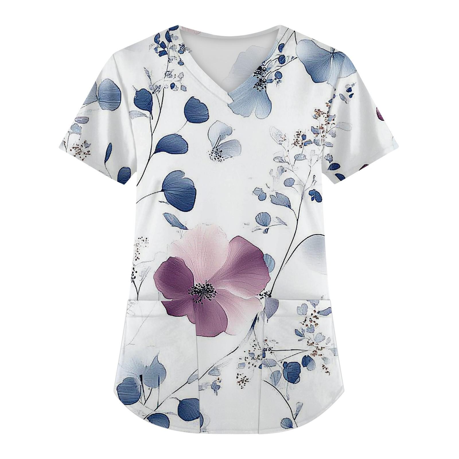 

Женская мода с коротким рукавом и V-образным вырезом с карманами и цветочным принтом Топы Одежда L синий