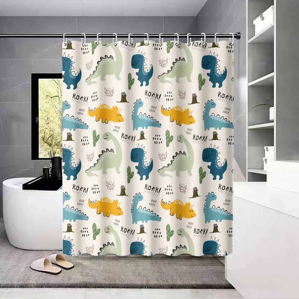 1Pc Cartoon Cute Dinosaur Print Waterproof Shower Partition Privacy Hanging Curtain With 12 Hooks Multiple Size Machine Washable