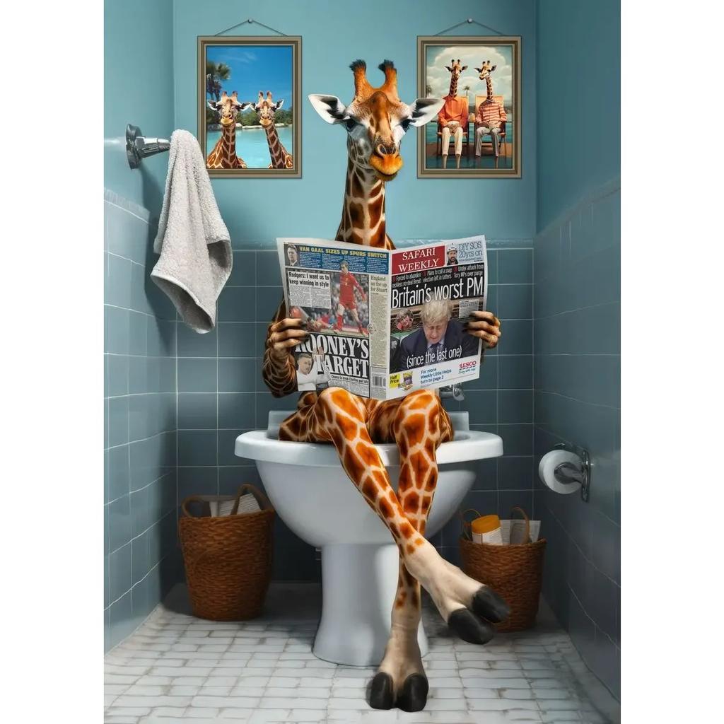 Dog Monkey Highland Cow Sitting on The Toilet Reading Newspaper Poster Animal Print Canvas Painting Funny Bathroom Wall Decor