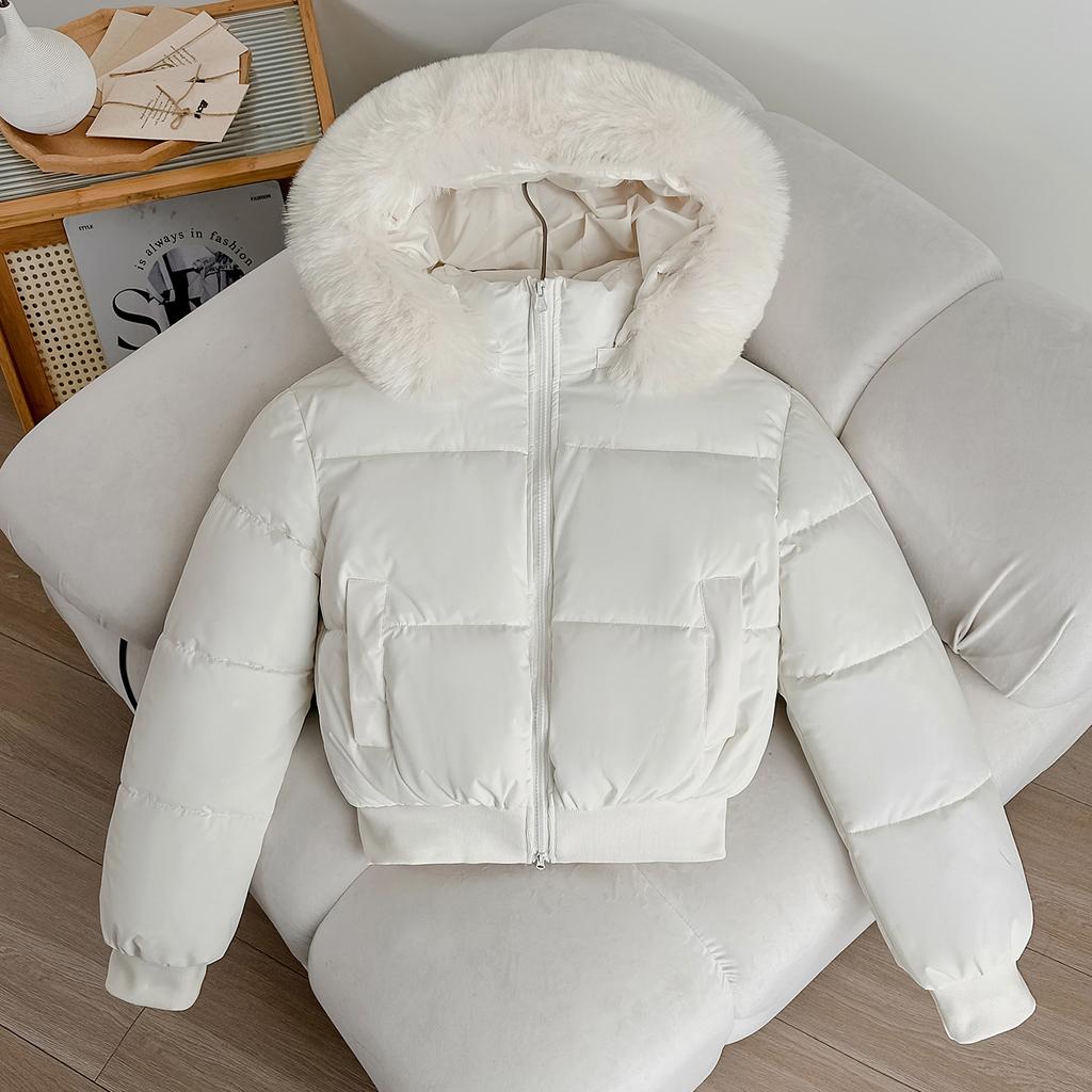 Short fur collar hooded cotton-padded women, thickened and loose small bread clothes and cotton-padded jackets in winter