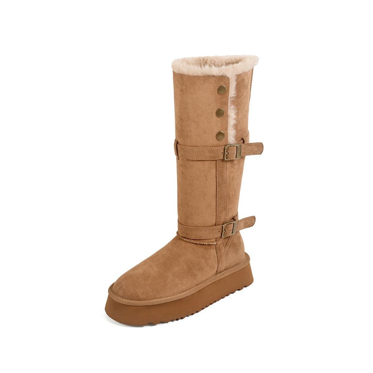 Grey thick-soled fluffy warm snow boots long tube winter rivet belt buckle thickened fluffy cotton shoes 40