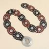 Fashion Bohemian Oval Disc Belt for Adult Western Waistband Ethnic PU Leather Hollowed Buckle Waiststrap for Dresses