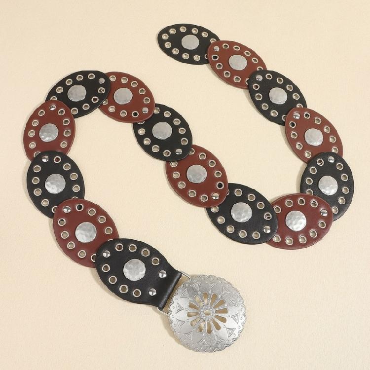 Fashion Bohemian Oval Disc Belt for Adult Western Waistband Ethnic PU Leather Hollowed Buckle Waiststrap for Dresses