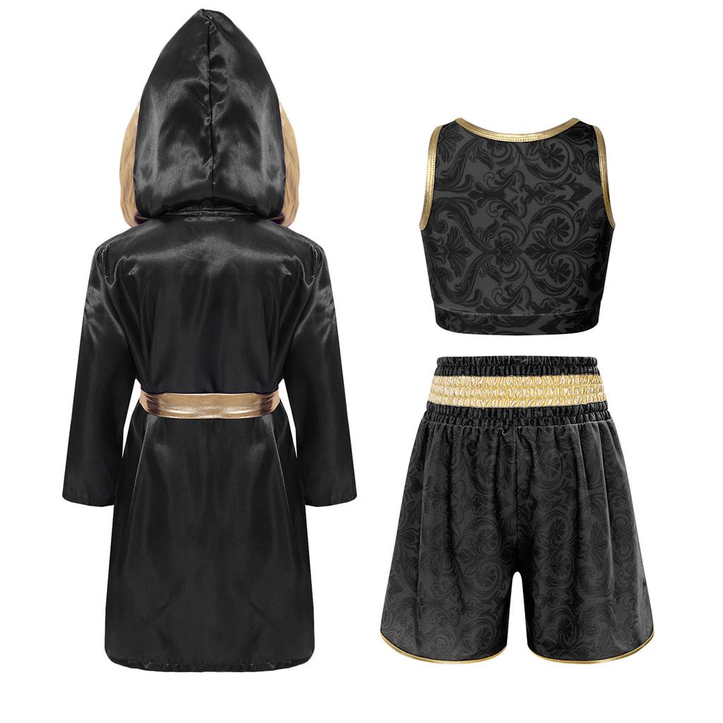 Unisex Kids Fight Wear Floral Vest Shorts Set with Hooded Robe Belt Metallic Trim for Boxing Kickboxing Practice