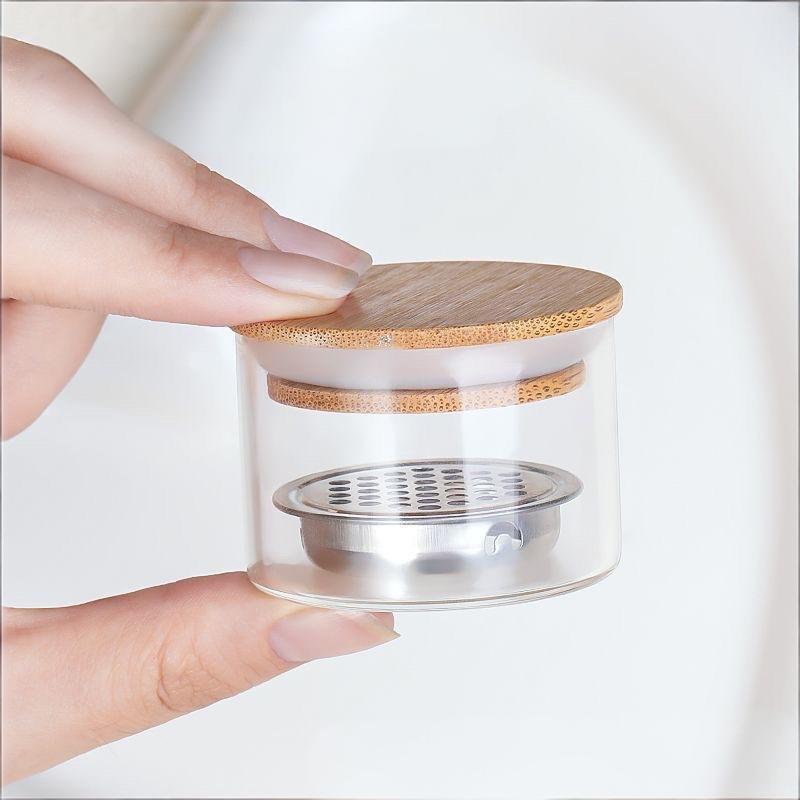 Transparent Glass Nail Brush Cleaner Cup Round With Wood Lid Brushes Washing Cup Stainless Steel Mesh Nail Brush Cleaner