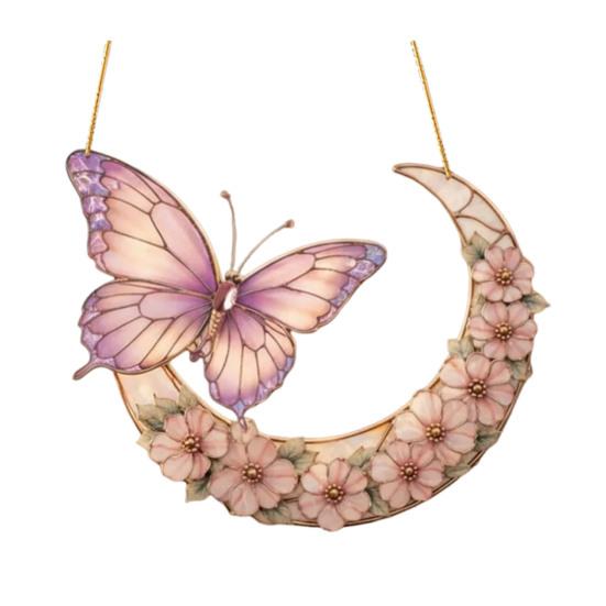Moon Butterfly Flowers Acrylic Suncatcher Stained Glass Style Pink Window Hanging Decoration for Indoor Outdoor Garden Home Decor