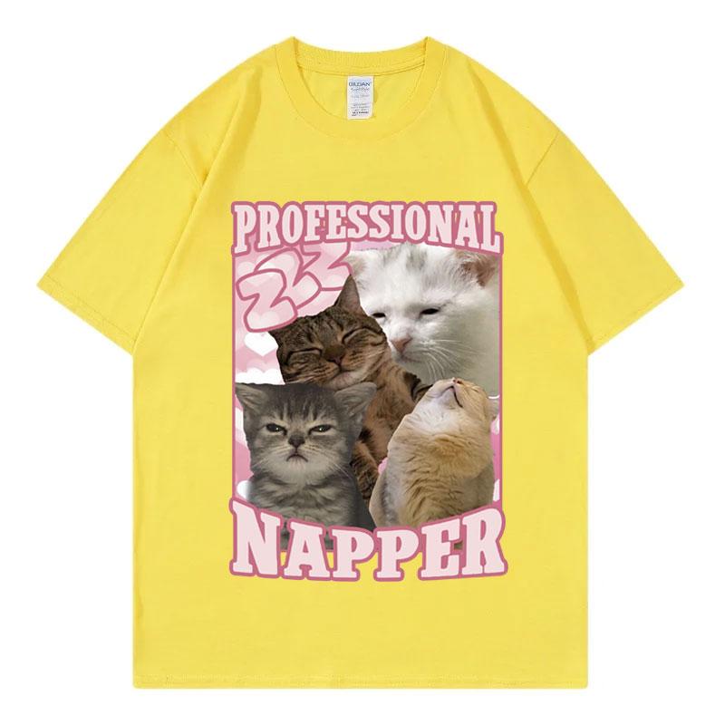 

Футболка Professional Napper Funny Cat Meme Kawaii Fashion с коротким рукавом, высококачественная хлопковая одежда, футболка унисекс XXXL жёлтый