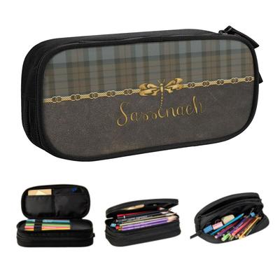 Custom  Leather And Tartan Sassenach Pattern Pencil Case for Girls Big Capacity Dragonfly Outlander Pencil Bag School Supplies
