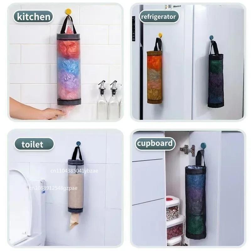 Wall-Mounted Trash Bag Organizer Box Kitchen Plastic Bag Collector No-Punching Shopping Storage Hanging Bags Polyester Fiber