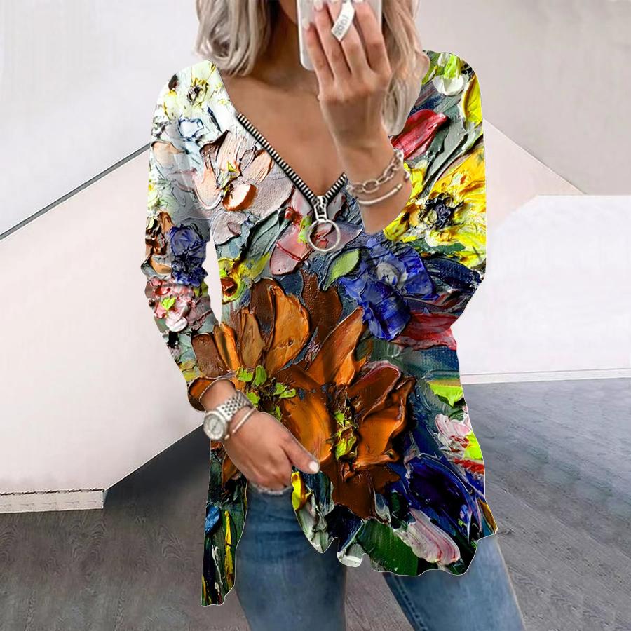 

Женские осенние цветочные чернила роспись с принтом футболки с длинным рукавом свободные футболки с V-образным вырезом больших размеров футболка топы удобная блузка