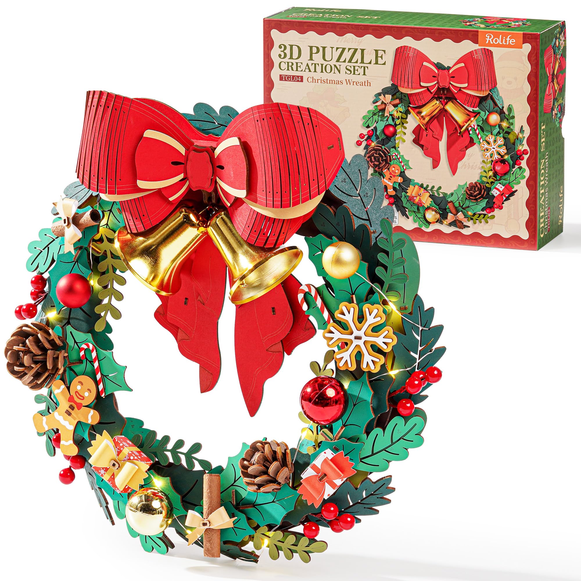 

Rolife 3D Wooden Puzzle Christmas Wreath with Lights, Interior Decoration, Entryway Decor, Craft Kit, DIY Assembly, Fireplace Decoration, Door