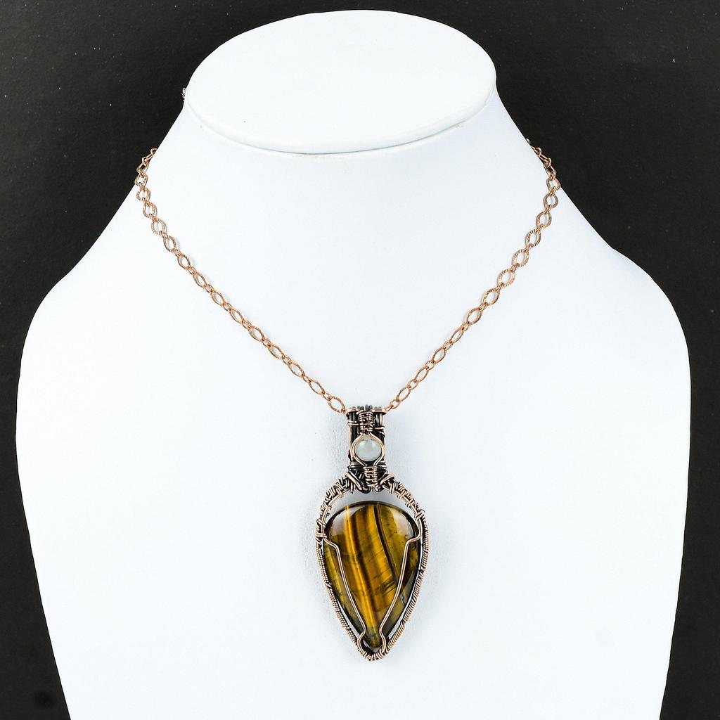 Přívěsek s drahokamem tygří oko, měděný drát, přívěsek omotaný duhovým měsíčním kamenem, drátem obalené šperky, ručně vyráběný kamenný přívěsek, dárek pro maminku