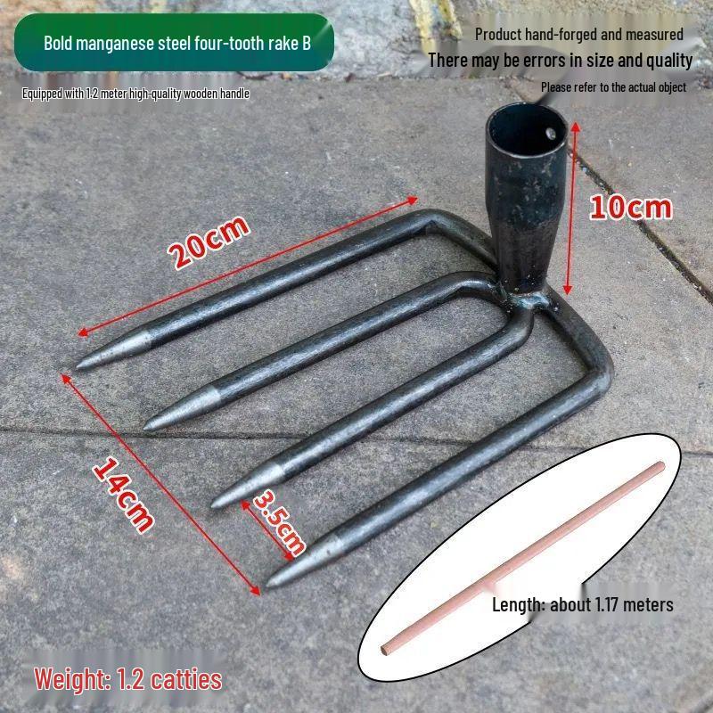Heavy-Duty Iron Garden Rake: Three or Four Teeth for Soil Turning and Loosening In Vegetable Planting and Land Reclamation.