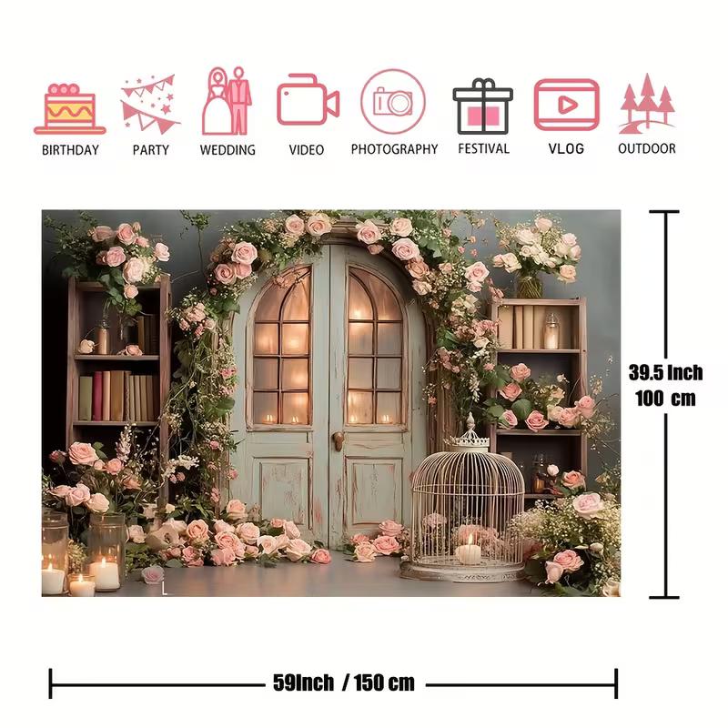2D Vintage Door Floral Tapestry, Pink Rose Arch Backdrop for Wedding, Bridal Shower, Engagement & Photoshoot