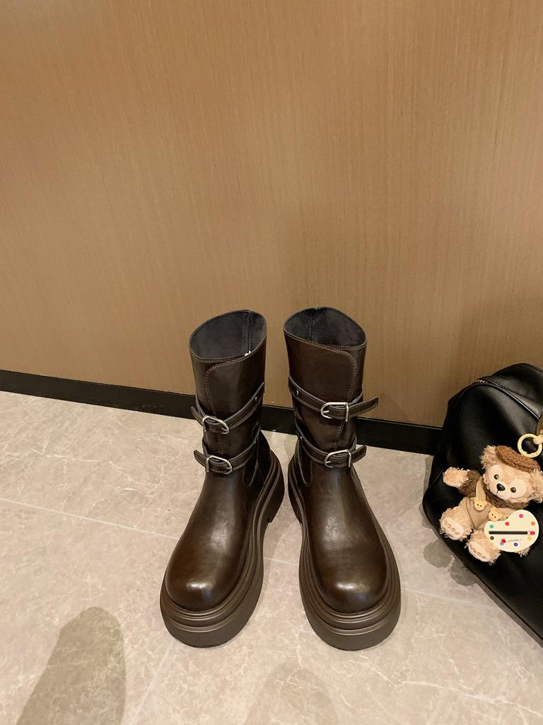 Cowhide version~ Grape mother has the same fashionable belt buckle long knight boots round head thick sole versatile medium tube short boots for women