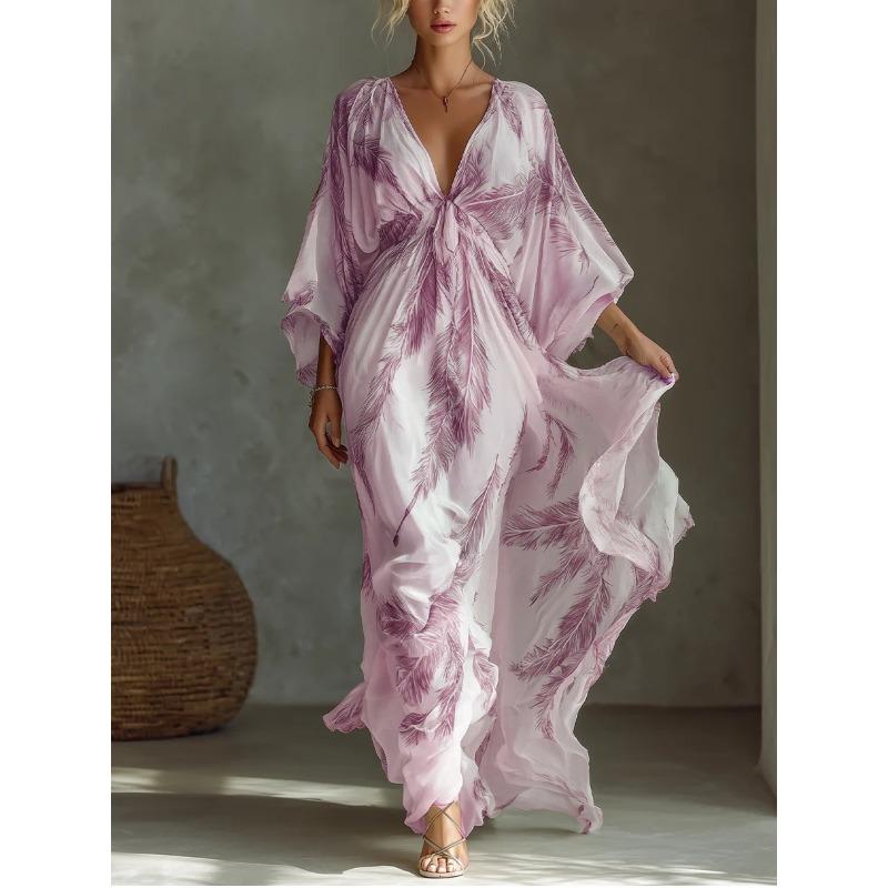 BFCCQB Women's Fashion 3/4 Sleeves V-Neck Summer Spring Solid Color Print Casual Dresses