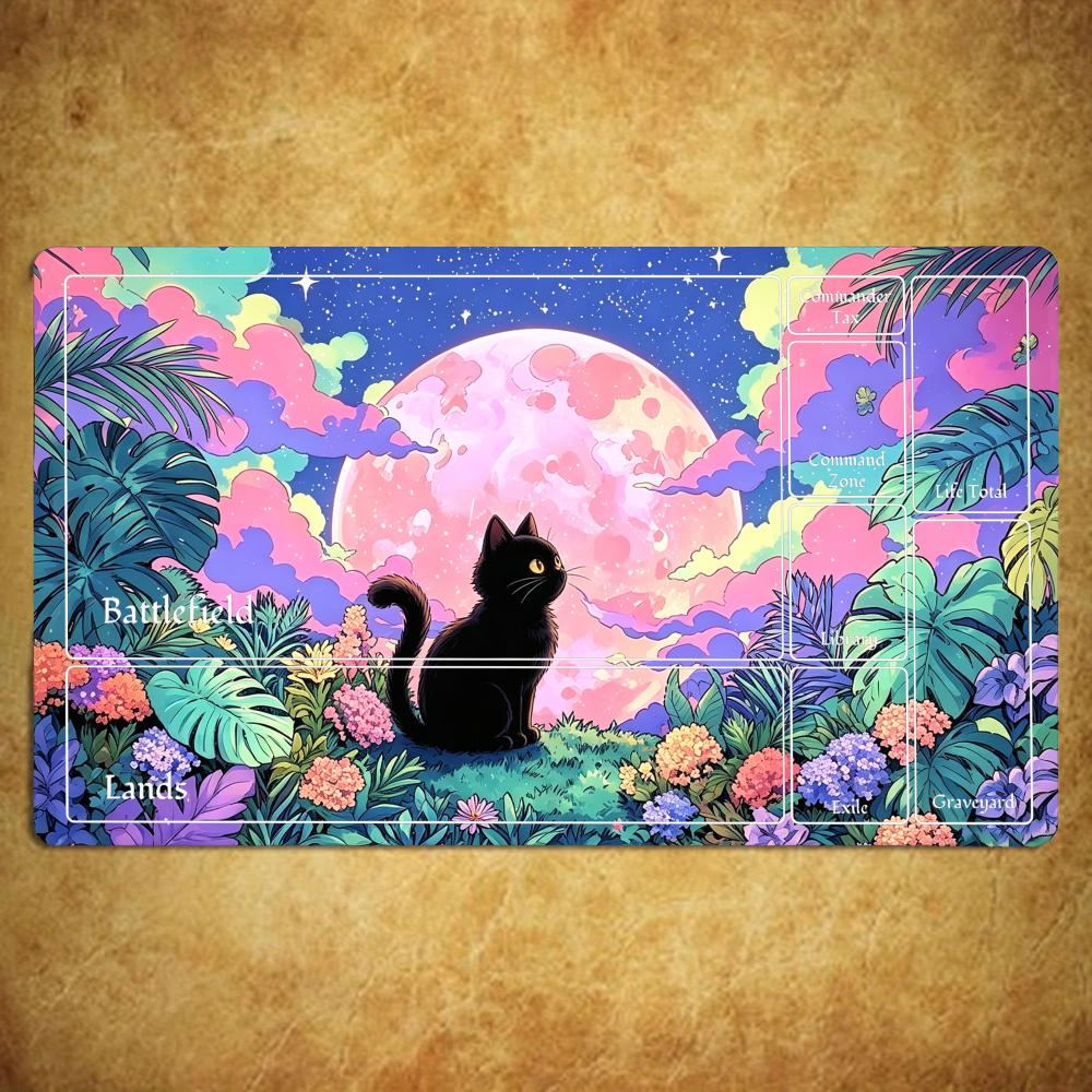 Black Cat Moon Garden Anime Gaming Mouse Pad Playmat 24"X14" MTG TCG Office Desk Mat for Work Game PC Laptop Rug Carpet MousePad