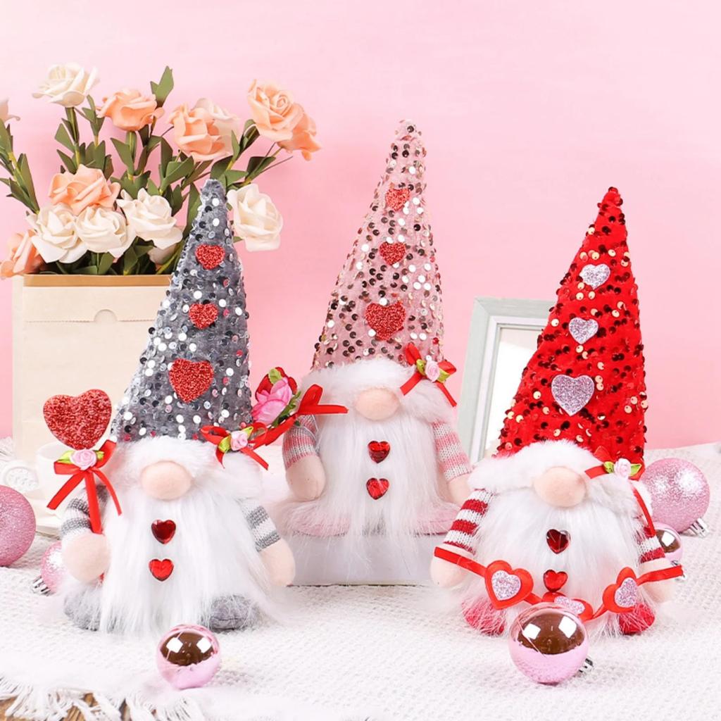 Lighted Valentines Gnomes Plush Doll, Handmade Scandinavian Swedish Tomte, Light Up Toy Holiday, Battery Operated Valentine's Day Gift Tabletop