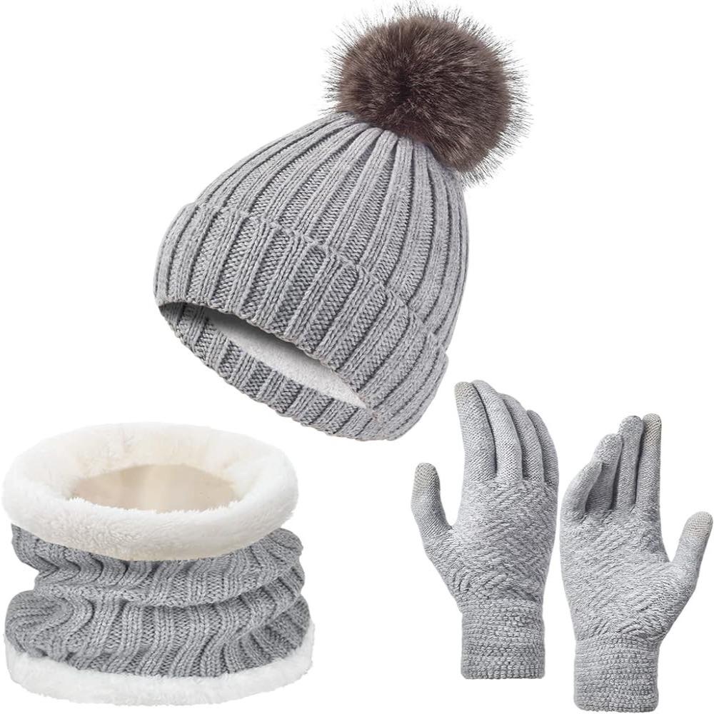 3Pcs/Set Thicken Winter Hat Scarf Gloves Set Plush Lining Touchscreen Gloves for Men Women