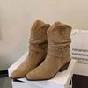 Retro Style Western Cowboy Boot Women's Chunky High Heel Square Head Short Knight Boot Belt Buckle Pile Boot Low Heel Shoes