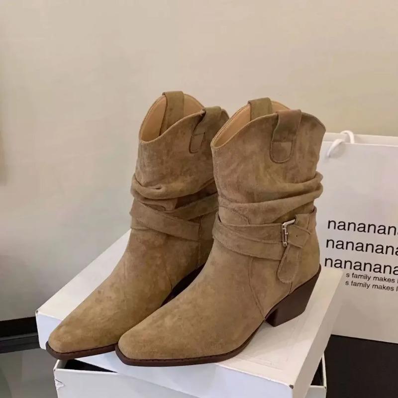 Retro Style Western Cowboy Boot Women's Chunky High Heel Square Head Short Knight Boot Belt Buckle Pile Boot Low Heel Shoes