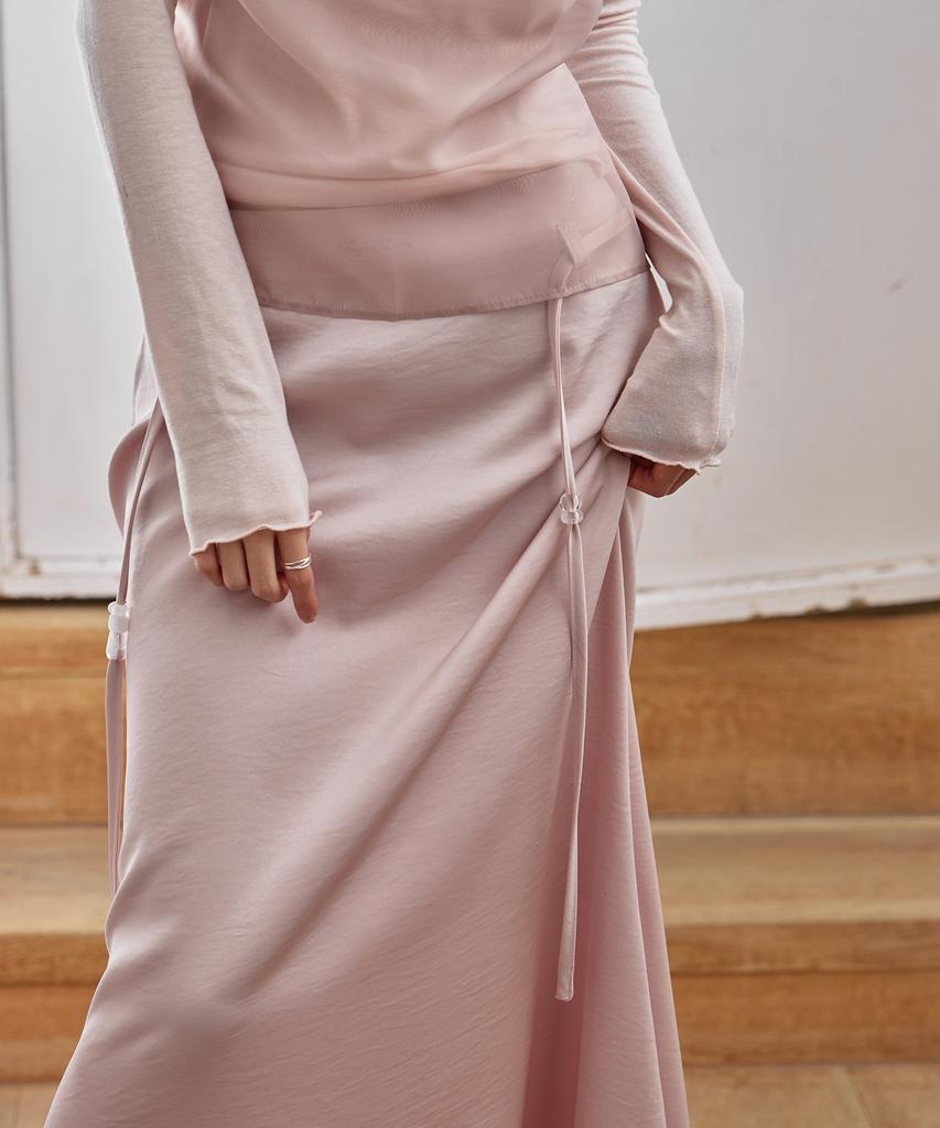 Leondeondada Glossy Satin Long Skirt, Soft Pink