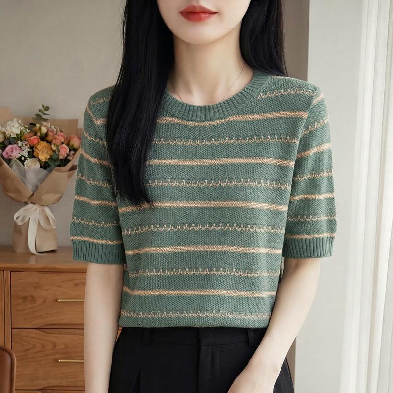 

Round-neck Knitted Short-sleeved Striped Loose-fitting Pullover Summer New Style Base Layer T-shirt XL зелений