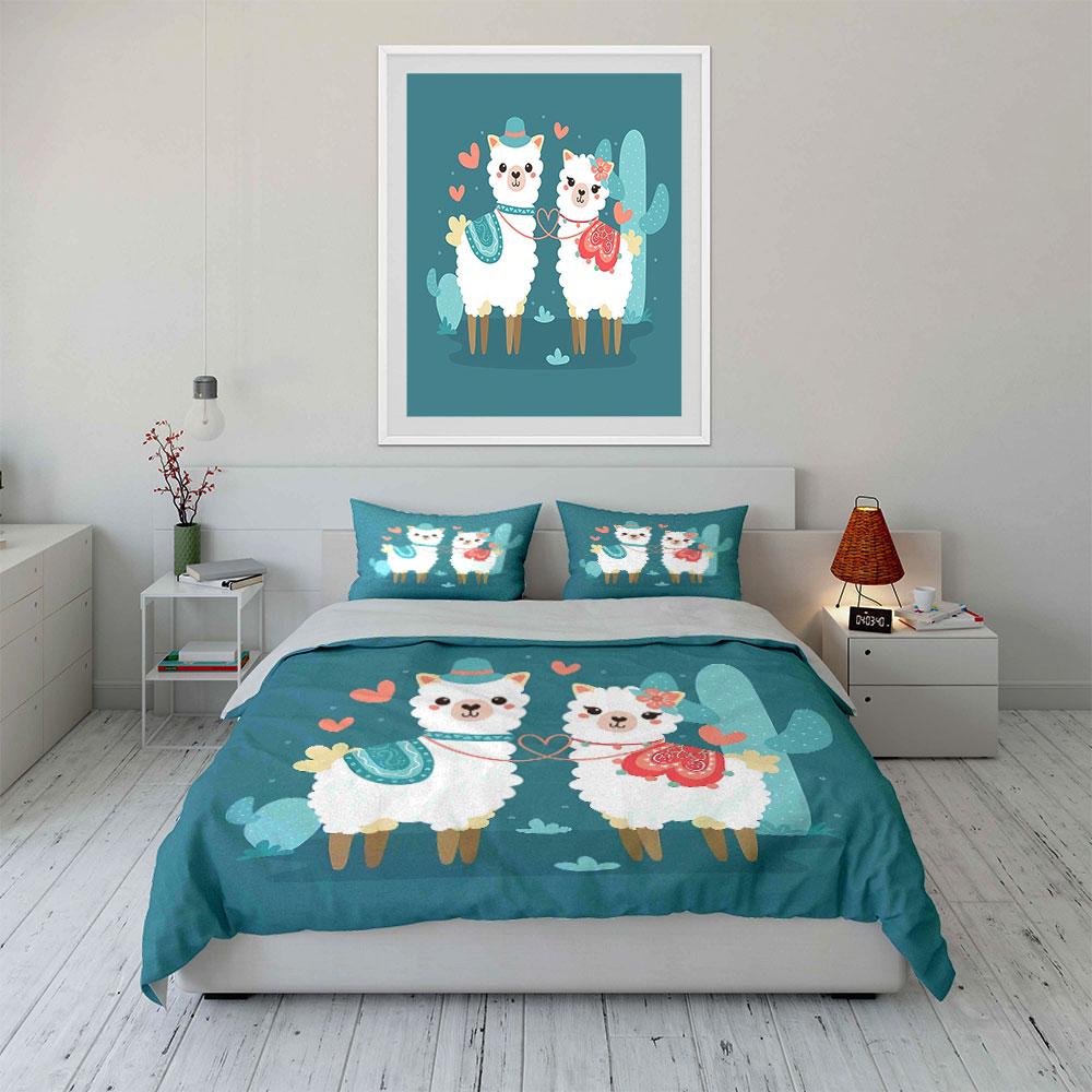 Cute Llama Couple with Hearts Bedding Duvet Cover Set Duvet Cover Pillowcases (1*Duvet Cover 2*Pillowcases, without duvet insert)