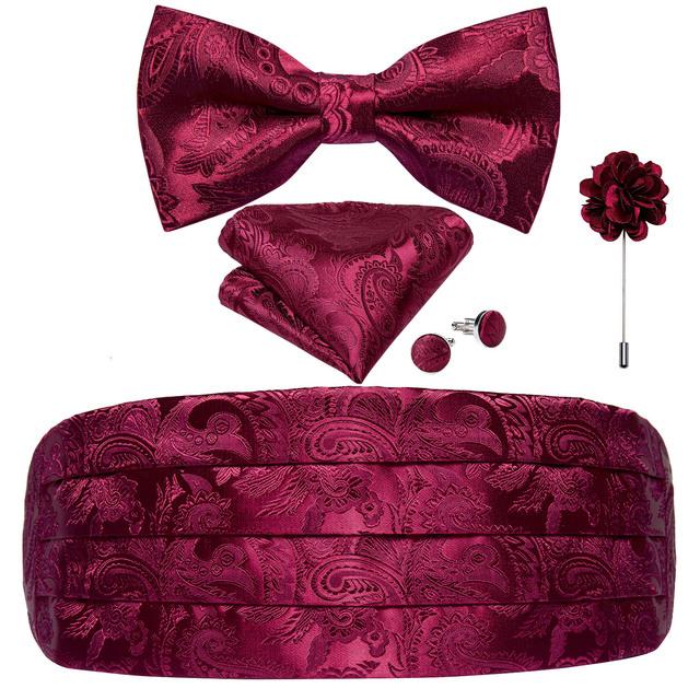 Men's Paisley Cummerbund & Bow Tie Set - Black/Red With Pocket Square, Adjustable Waist 11 thumbnail image