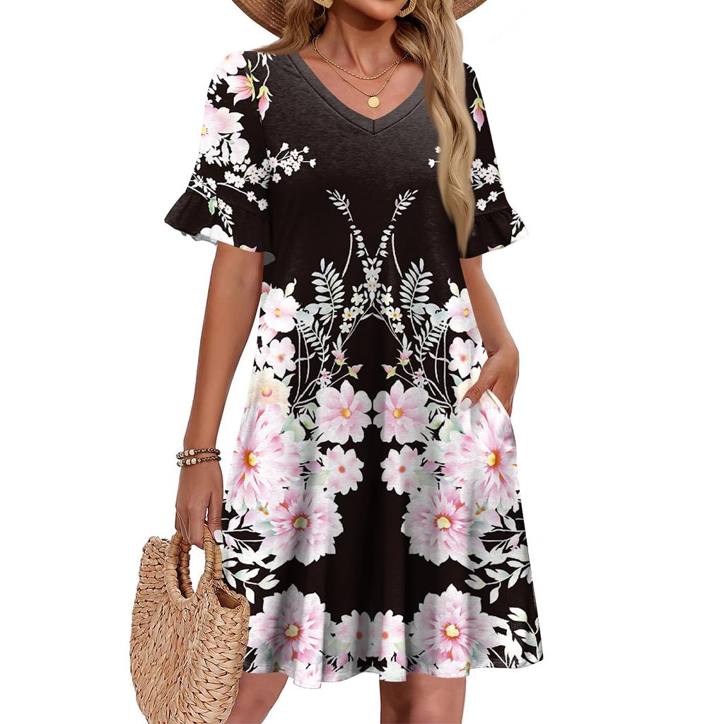 Women A Line Sun Dress Short Sleeve V Neck Printed Dress With Pockets