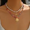 2 Piece Layered Rainbow Beaded Pearl Necklace Starfish Shell Pendant Boho Beach Summer Trendy Jewelry for Women