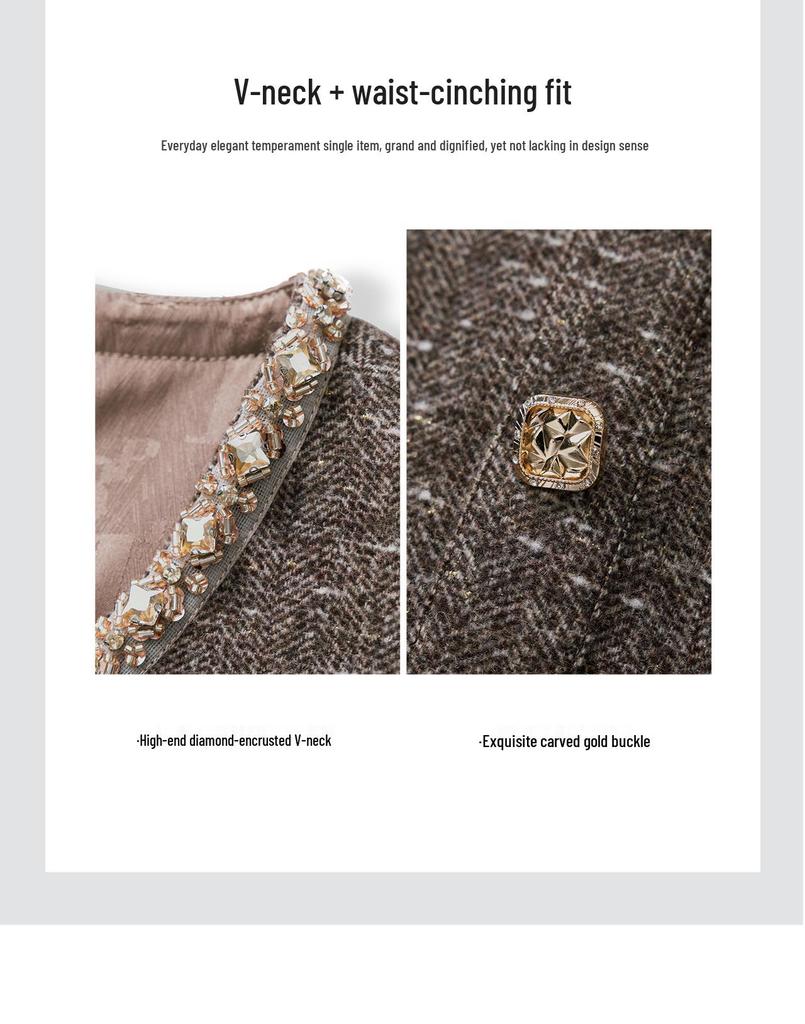 Kadınlar İçin Taşlı Yaka, Şık Sosyetik, Altın İplikli Balıksırtı Yün Elbise