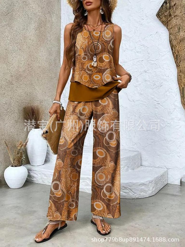 New European and American women's clothing spot explosion sleeveless casual double-layer vest plus pants set two-piece set