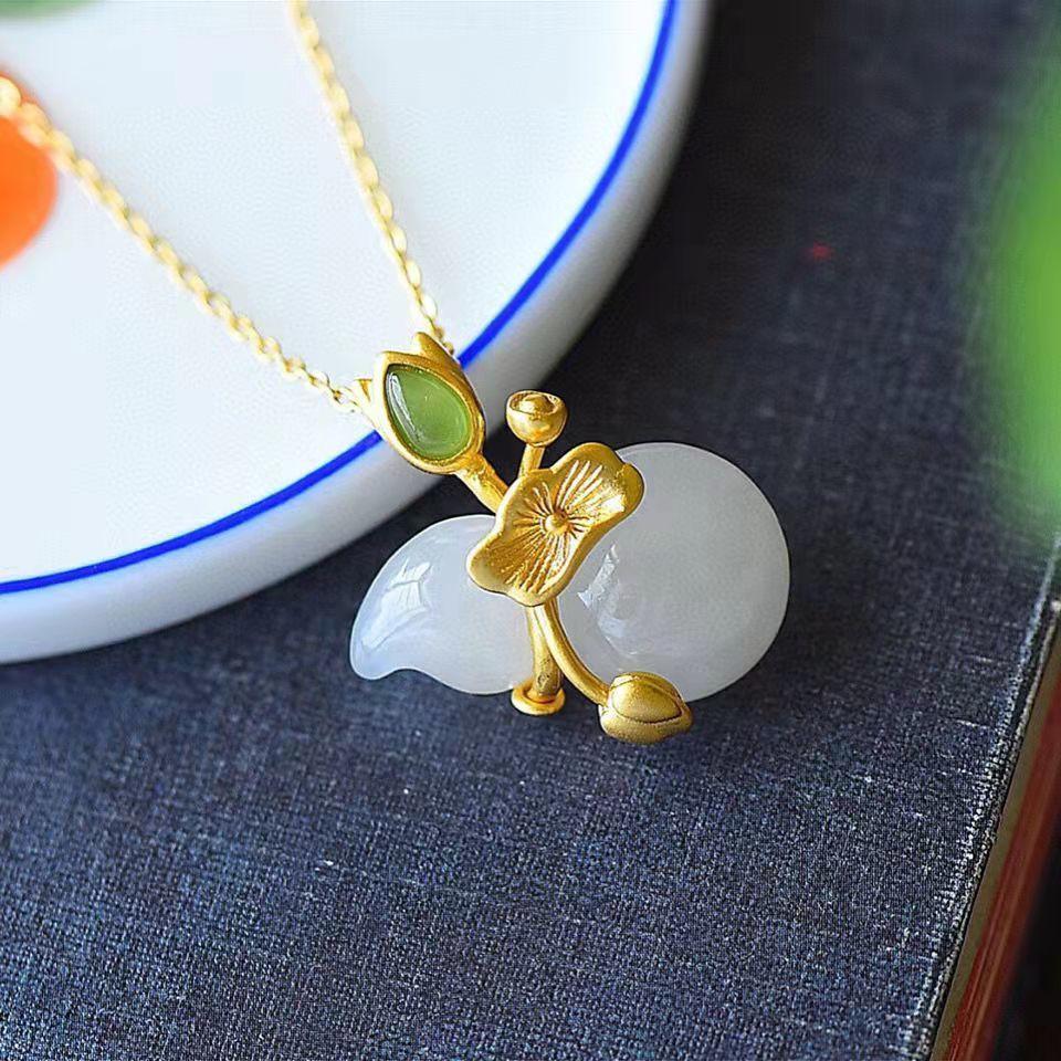 Chinese Wind Lotus Leaf Gourd Titanium Steel Necklace Female Lotus Fulu Safety Pendant Light Luxury Fashion Niche Collarbone Chain