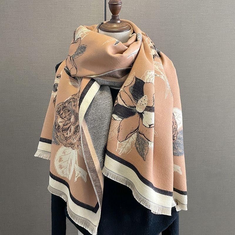 Autumn and Winter Scarf Women's New Shawl Outer Layer High End Peony Flower Scarf Office Blanket Imitation Cashmere Thickened Warm