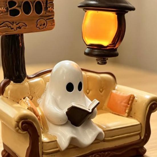 Vintage Style Home Office Ornament Halloween Ghost Reading Book Lamp, Cute Figurine Night Light with Book, Creative Indoor Seasonal Display