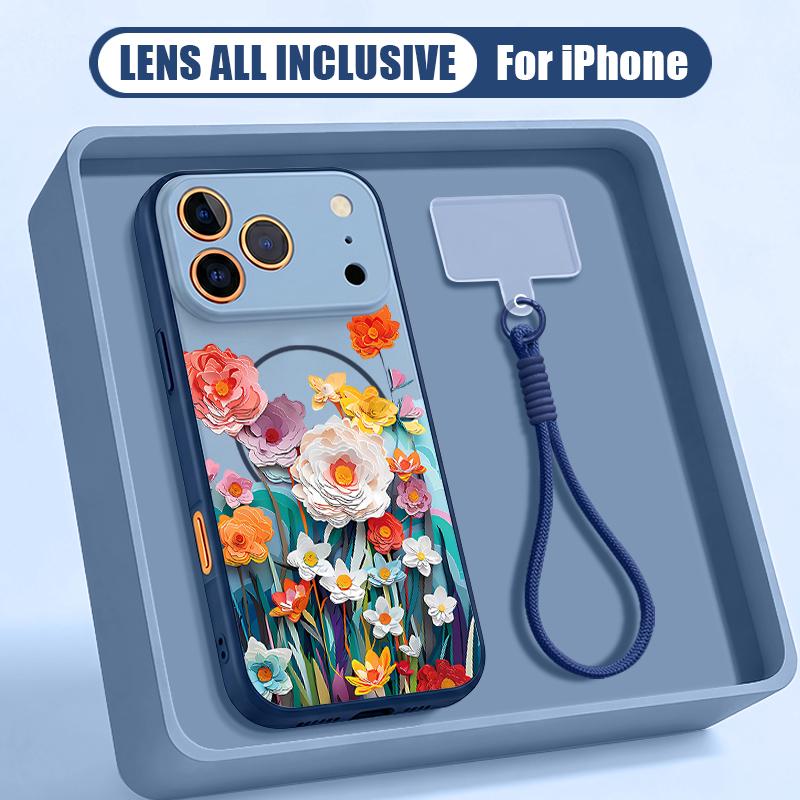 Floral Pattern Hand Strap Case For iPhone 17 Pro Max Hybrid TPU+PC Magnetic For Magsafe Matte Cover For iPhone 16 15 14 13 Pro Max