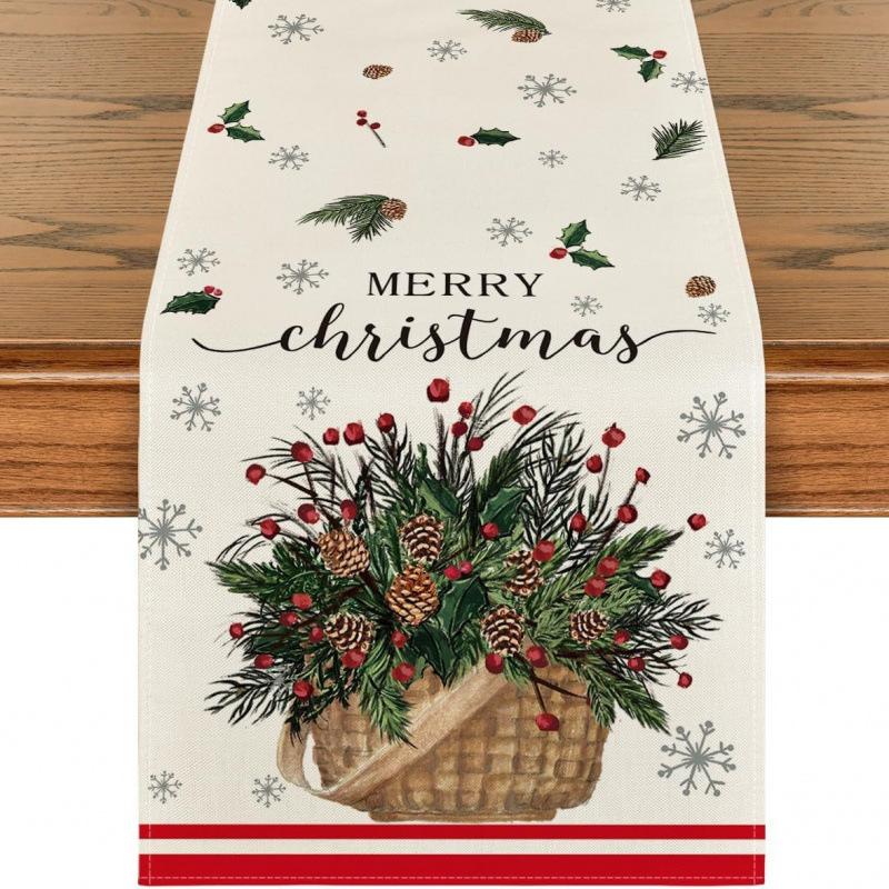 Festive Snowman Christmas Tree Table Runner Home Kitchen Dining Tablecloth for Party Decoration
