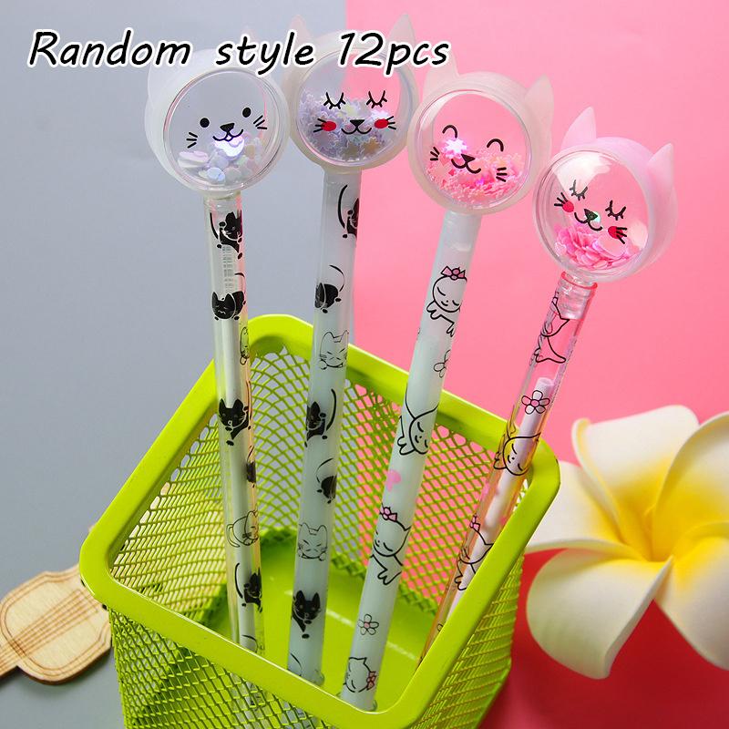 12pcs 0.5mm White/Pink cartoon sequin cute cat shape Black water pen, Smooth writing Office stationery files signature pen Supplies, Cute style School