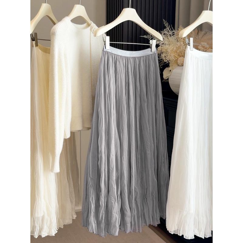 Early spring new fashion temperament versatile high sense A word pleated skirt women's drape mesh fairy skirt medium length skirt