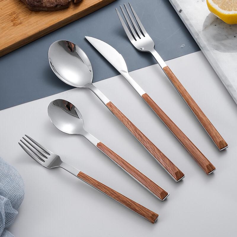 Ins tableware Internet celebrity 304 stainless steel knife and fork imitation wood grain handle steak knife and fork gift box set dessert spoon
