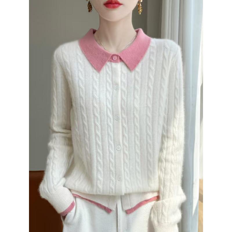 

POLO воротник небольшой поворот короткий цветной блок вязаный кардиган женский пуловер свитер рубашка низ куртка XL розовый/белый