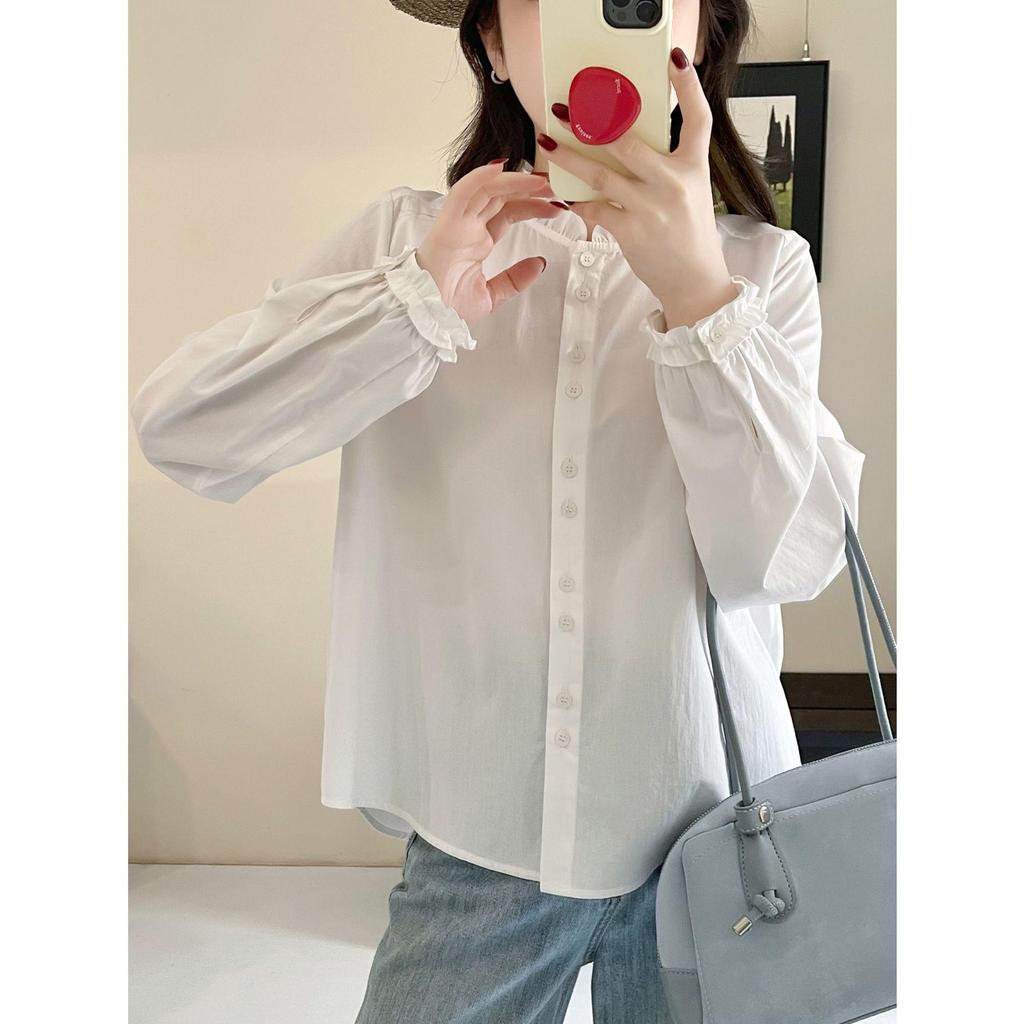 Spring 2026 Retro Stand Collar Ruffle White Shirt - Versatile Commuting Top